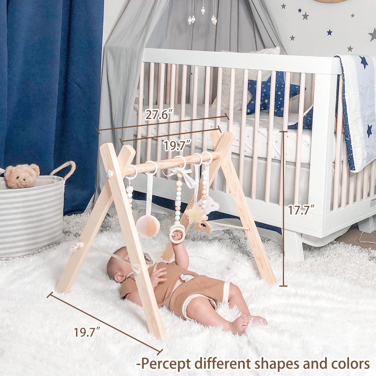 Wooden Baby Gym With 6 Gym Toys, Foldable Baby Play Gym, Natural Pine Wood Play Gym, Frame Activity Center Hanging Bar, Wooden P