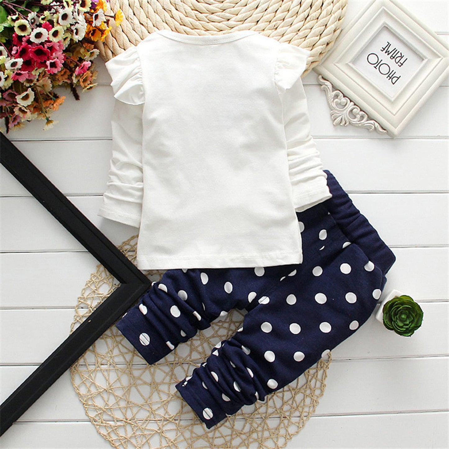 Cute Toddler Baby Girls Clothes Set Long Sleeve T-Shirt And Pants Kids 2Pcs Outfits(White+Navy,3T)