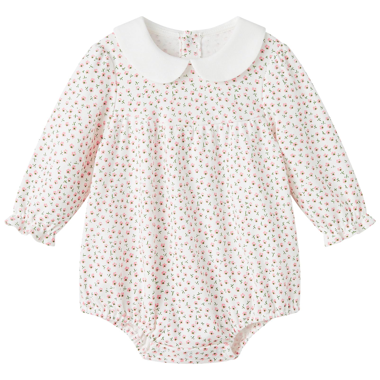 Pureborn Baby Girls Bodysuit Peter Pan Collar Bubble Romper Long Sleeve One-Piece Cotton Outfit Pink Flower 12-18 Months