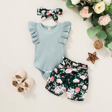 Tiny Cutey Baby Girl Clothes Infant Summer Outfits Set Ruffle Sleeve Romper And Floral Shorts With Headband (Sleeveless Blue, 90
