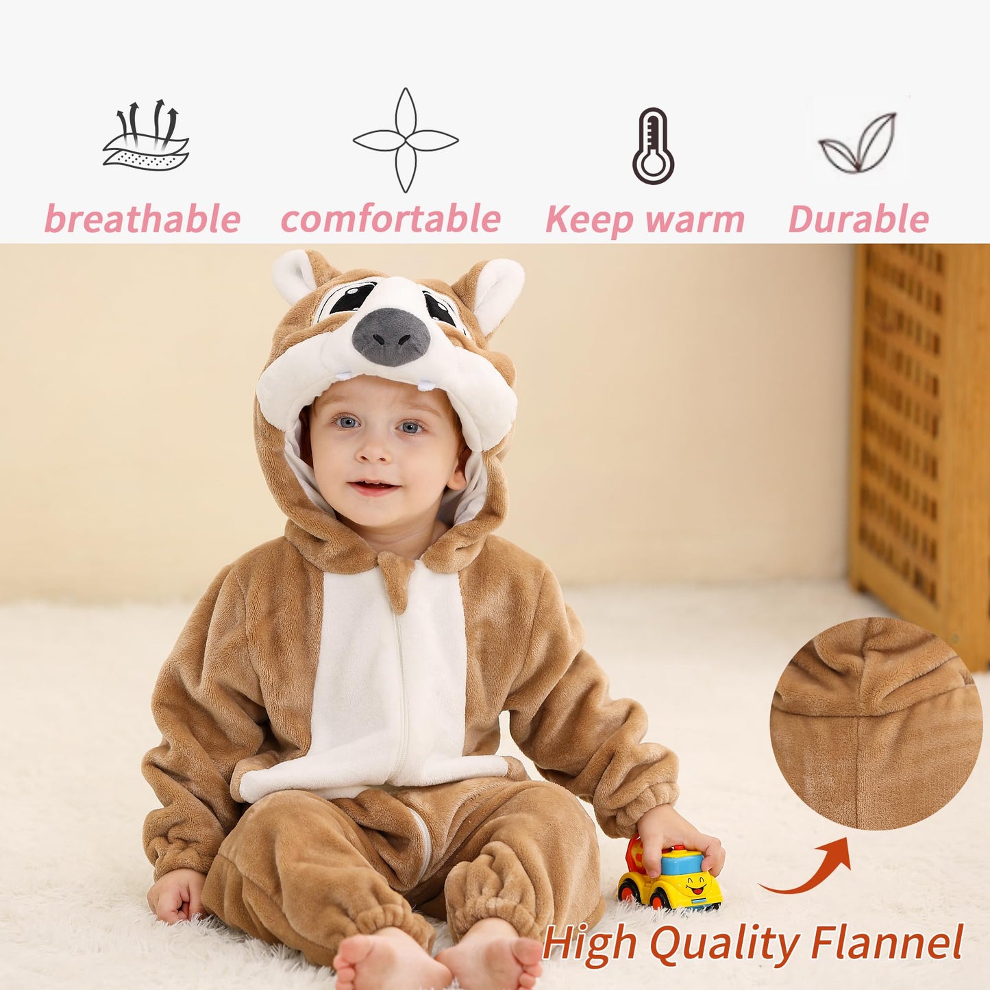 Michley Baby Gilrs Boys Romper With Hood Soft Flannel Halloween Animal Onesie Outfit 13-18 Months, Brown, Size 90