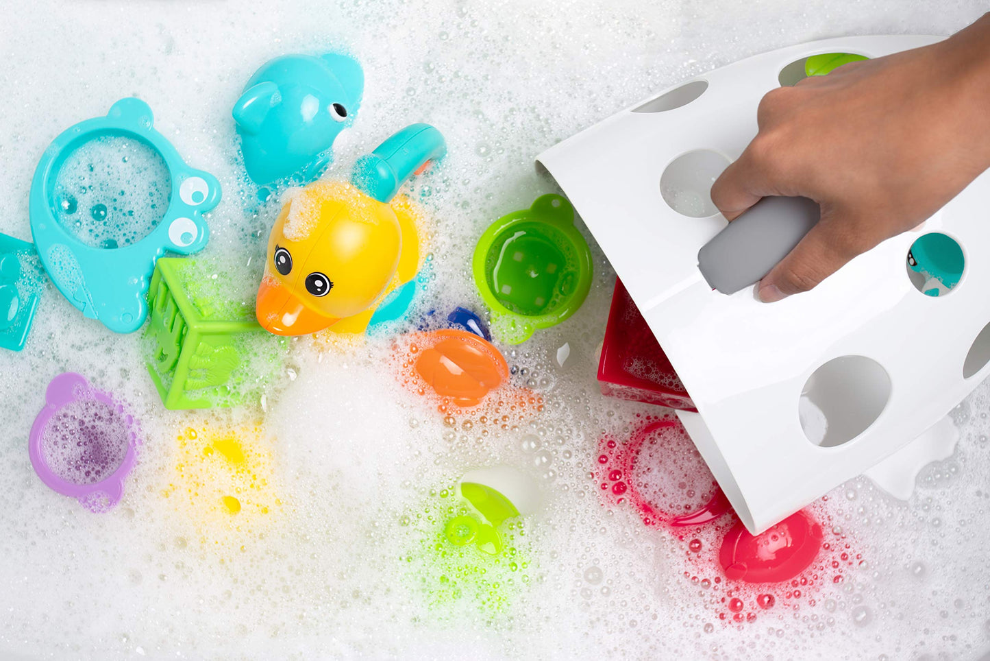 Bizzu Bath Toy Storage, Bath Toy Organizer, Bath Caddy With Handle, Quick Drying Bin & Scoop For Toddlers And Baby, White