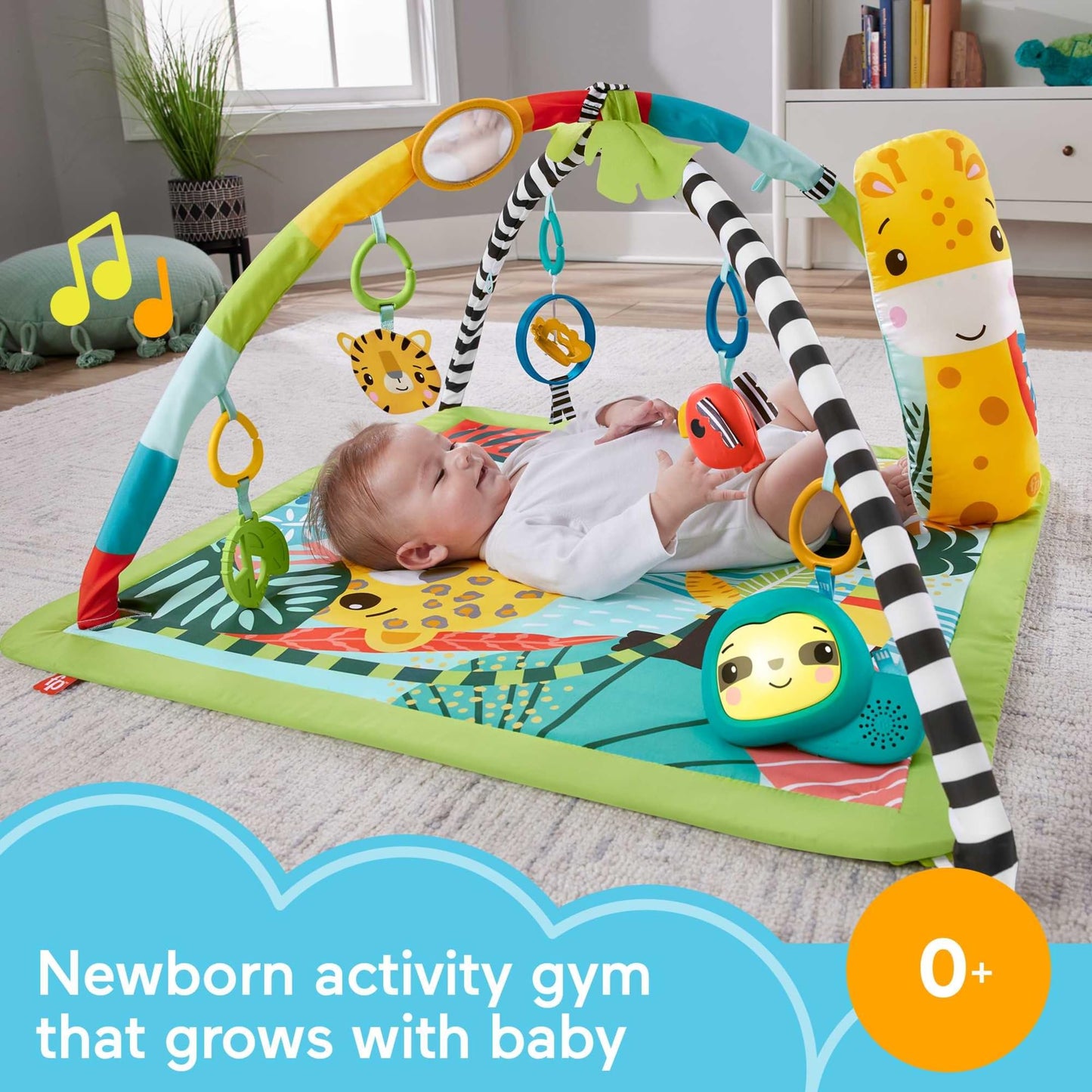 Fisher-Price Baby Playmat 3-In-1 Rainforest Sensory Gym With Music & Lights, Tummy Wedge & 5 Developmental Toys For Newborns 0+