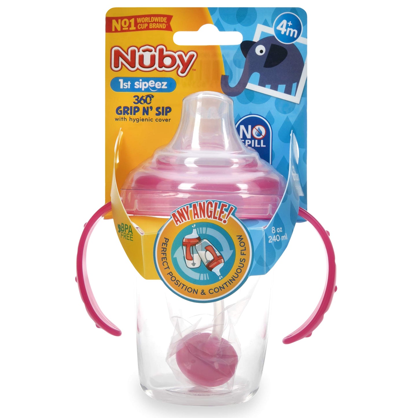 Nuby 360 Grip N' Sip 8Oz Tritan Cup, Weighted Straw With Hygienic Cover, Pink