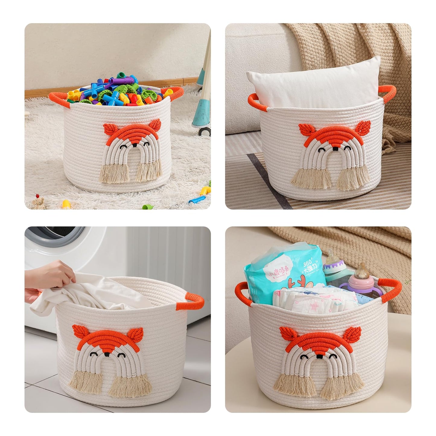 Toy Storage Baskets For Kids Cotton Rope Basket With 3D Fox Decor, Blanket Basket For Living Room Stuffed Animal Storage Basket