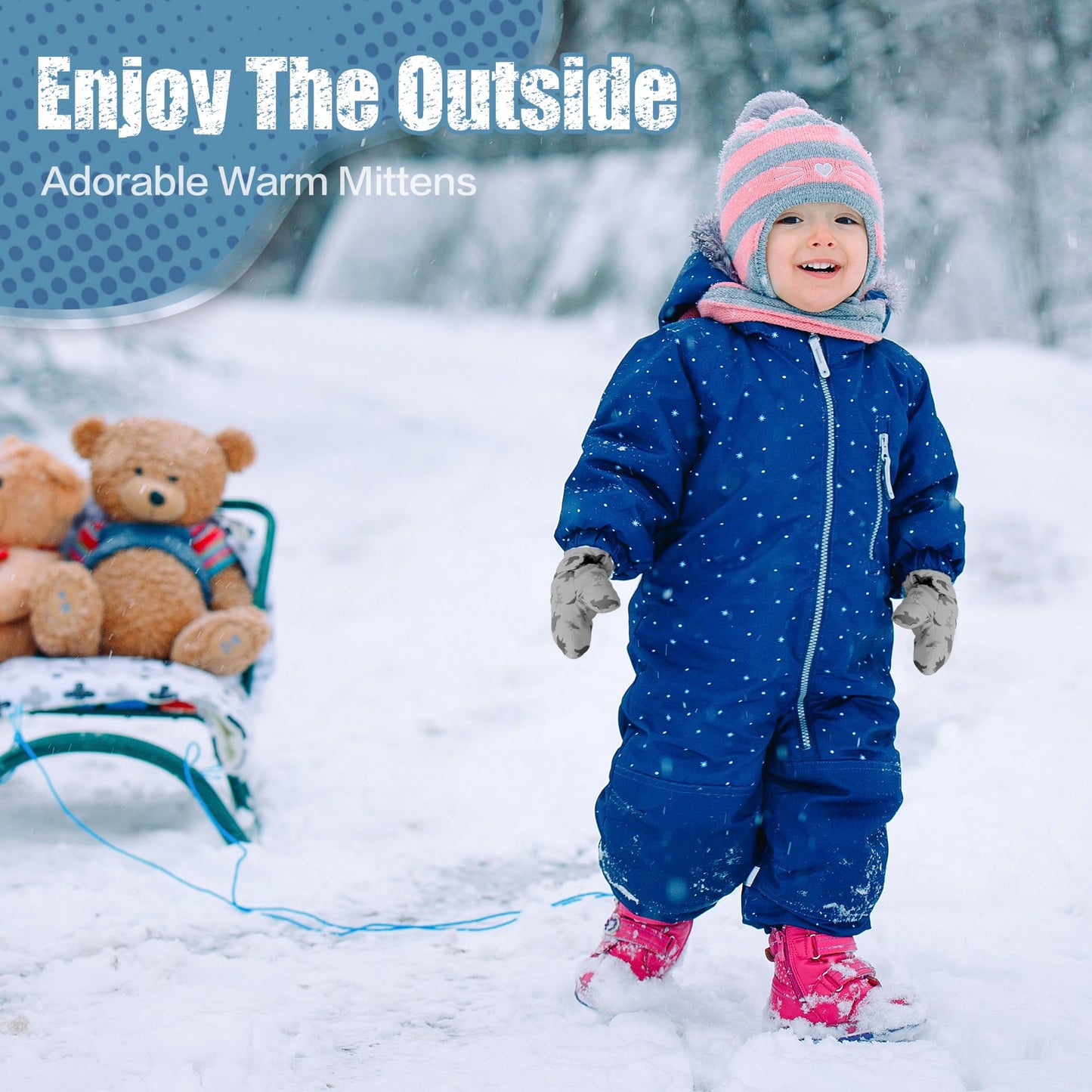 Fynnsure Toddler Mittens Baby Waterproof Snow Gloves Kids Ski Snow Gloves Cold Weather Mittens For Boys Girls Gray Dinosaur 1-2