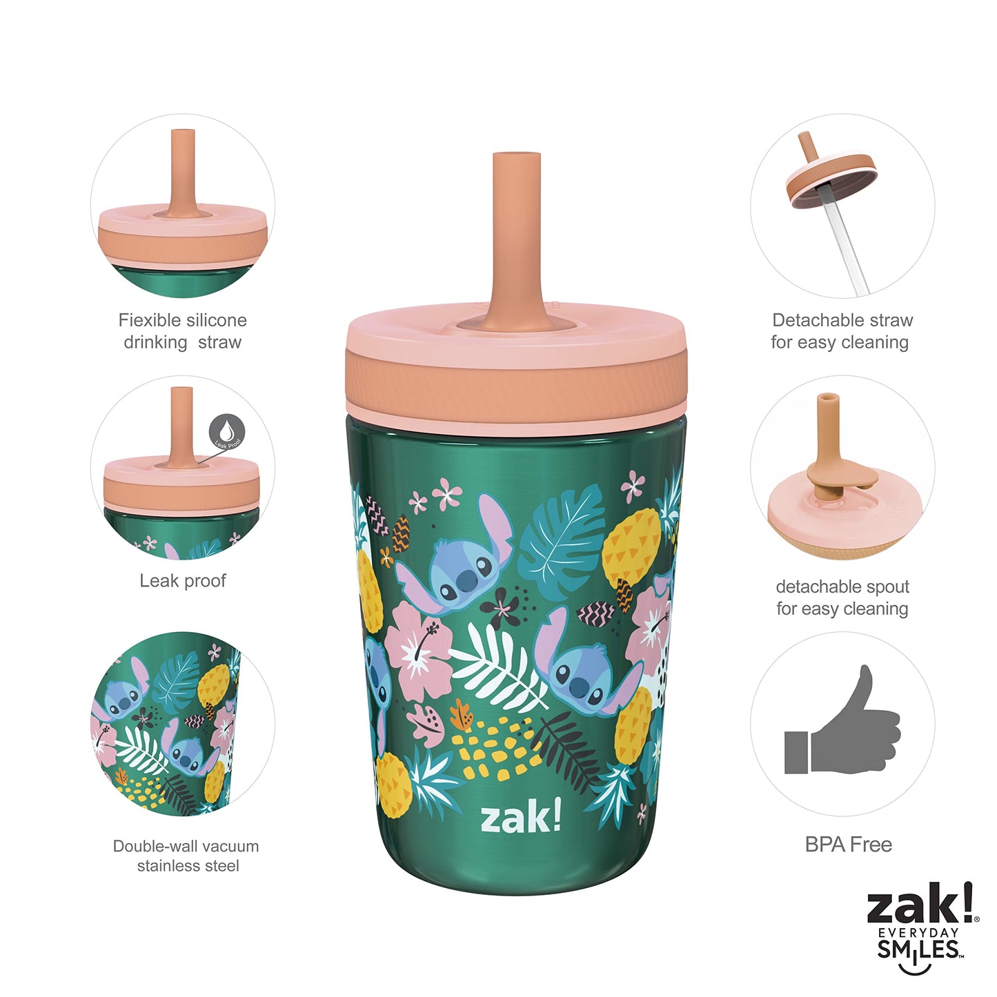 Zak Designs Disney Lilo And Stitch Kelso Tumbler Set, Leak-Proof Screw-On Lid With Straw, Bundle For Kids Includes Plastic And S