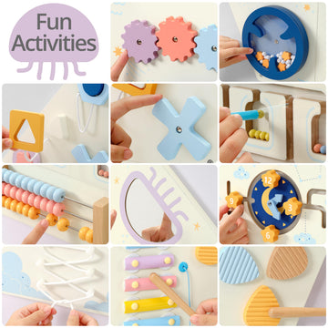 Pillowhale Tangram Activity Wall Busy Board Panels, 12-in-1 Learning Activity Center, Wooden Montessori Sensory Toys for Toddler