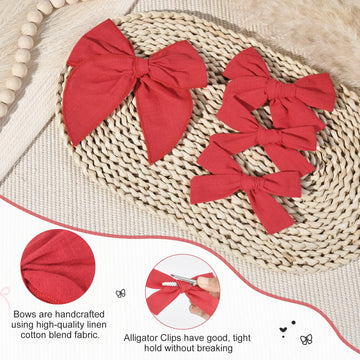 Deeka 4 Pcs Red Cotton Linen Hair Bows 3 Styles 5' & 4' Handmade Hair Bow Set For Toddler Girls Alligator Hair Clips Knot Bows
