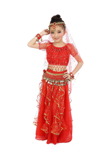 Girls Belly Dance Top Skirt Set Halloween Costume With Head Veil,Waist Chain Red