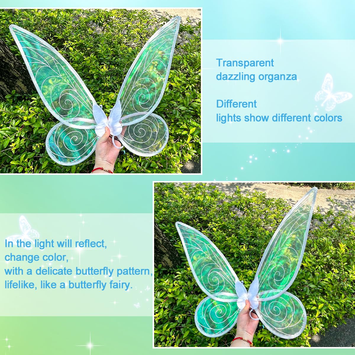 Quescu 2Pcs Fairy Wings For Adults,Butterfly Wings For Girls Women,Halloween Costume Sparkle Angel Wings Dress Up Party Favor (W
