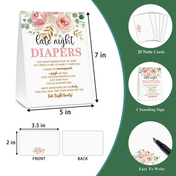 Late Night Diapers Sign, Greenery Floral Note Cards Diaper Thoughts, Late Night Diaper Baby Shower Game Set(1 Standing Sign + 20