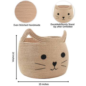 Vk Vkliving Animal Baskets Large Woven Cotton Rope Storage Basket With Cute Cat Design Animal Laundry Basket Organizer For Towel