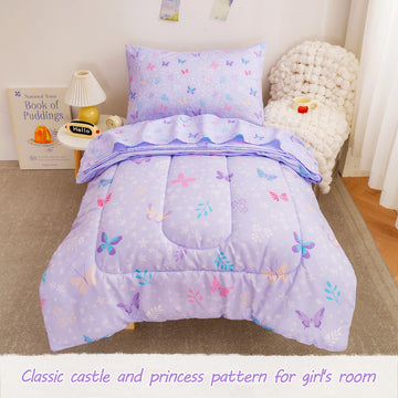 Viviland Butterfly Floral Toddler Comforter Sets, Cute Girls Toddler Bedding Set, Soft Microfiber Purple Toddler Bed Set