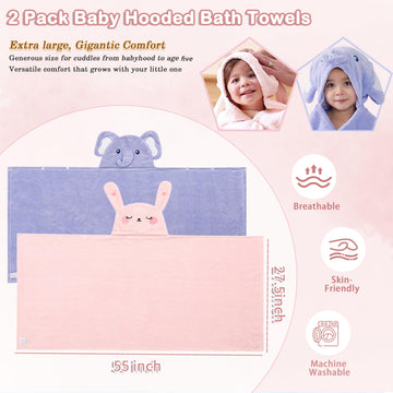 Foinemyed 2 Pack Toddler Towels With Hood Thick Toddler Towels 55' X 27.5' Baby Hooded Bath Towels Set For Girl Boy Super Abso
