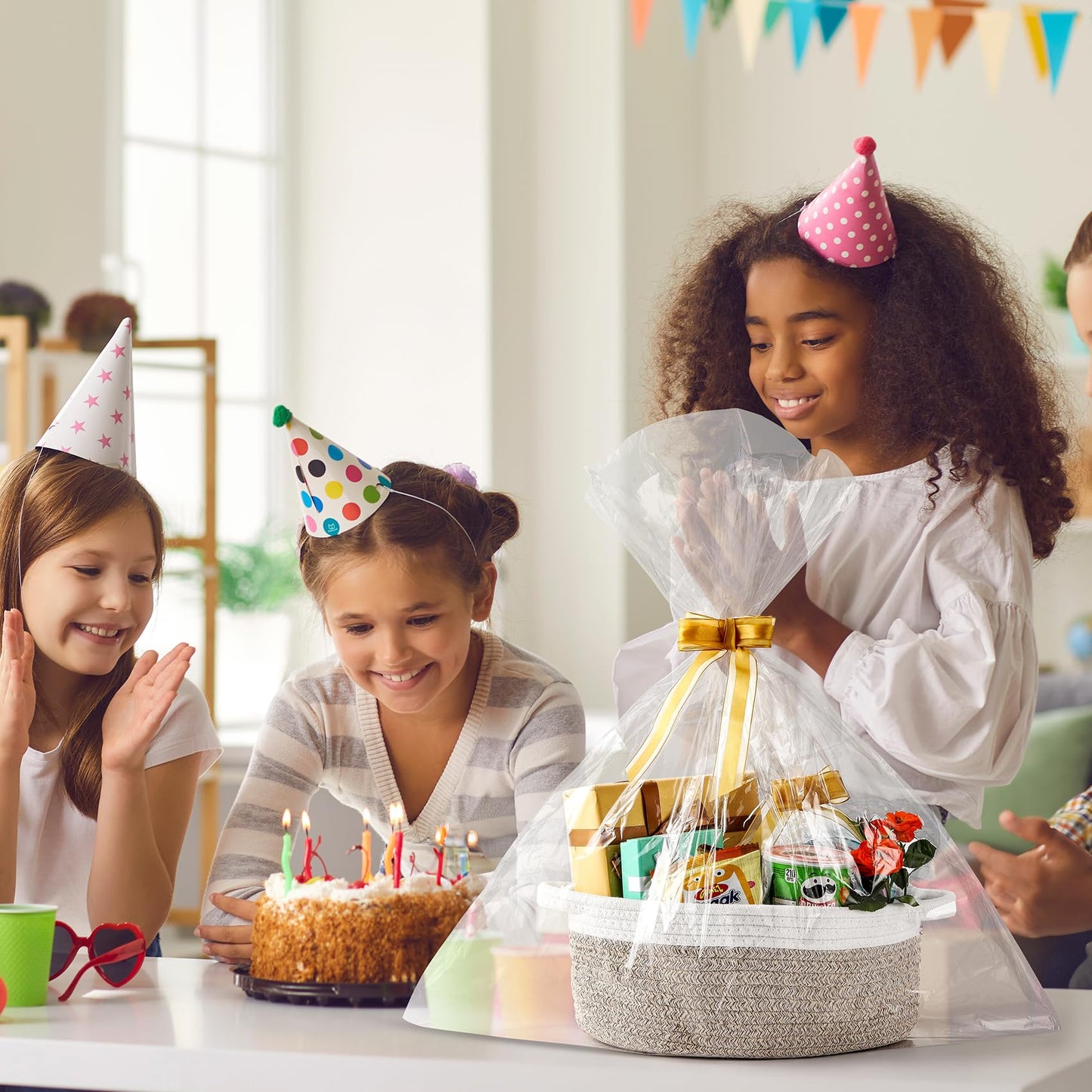 Landneoo Small Woven Basket With Gift Bags And Ribbons, Empty Decorative Gift Chest Box, Cute Baby Gift Basket For Nursery, Cott