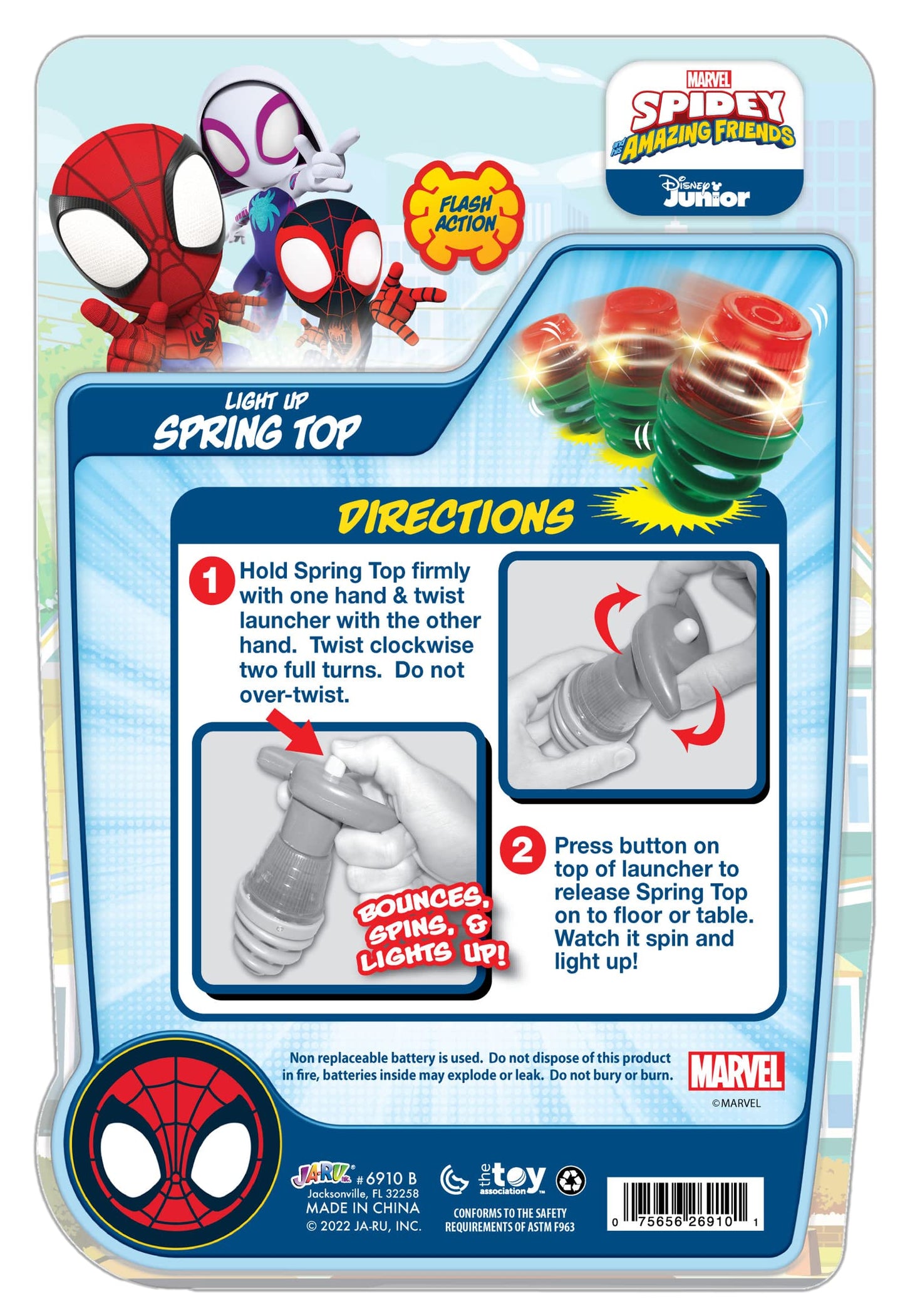 Ja-Ru Disney Mickey Mouse & Marvel Spiderman Light Up Spinner Toy (2 Units) Led Light Spring Spinning Tops For Kids. Classroom T