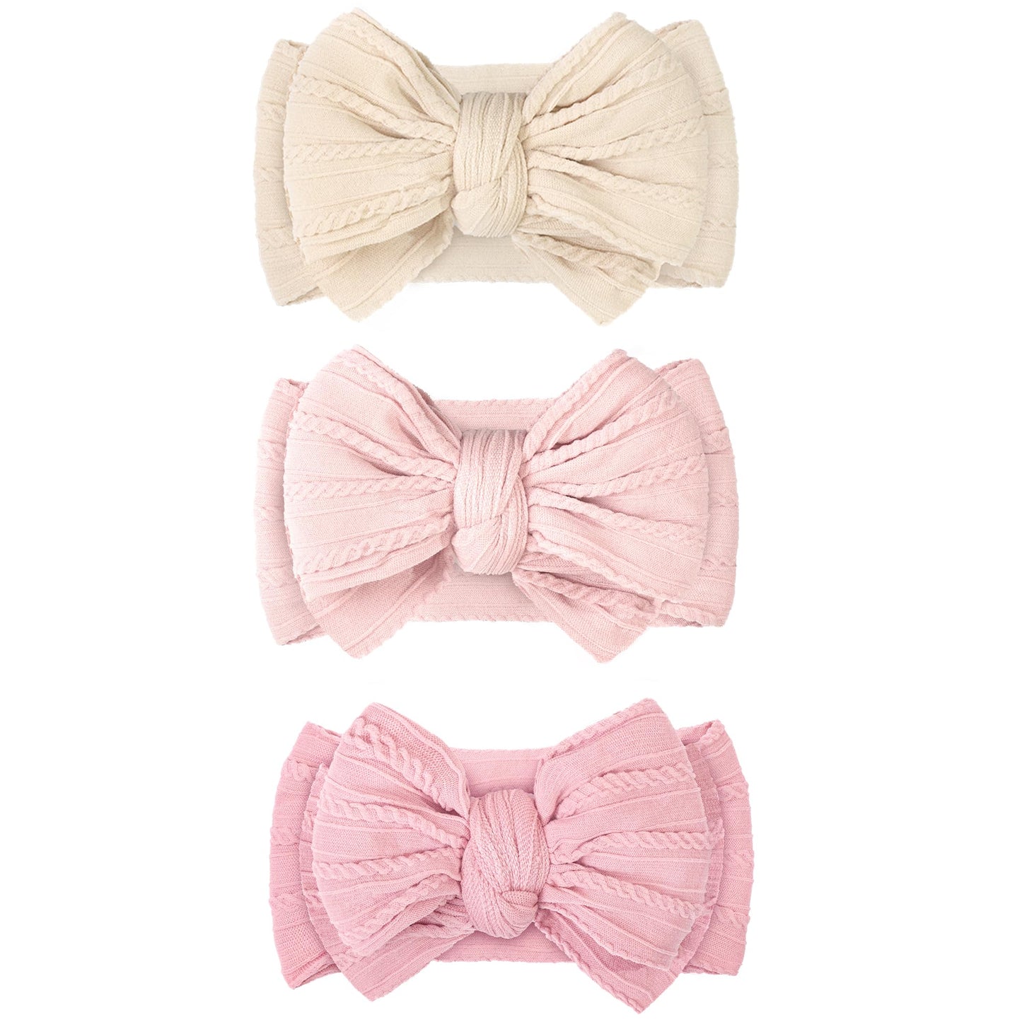 JOYOYO 3 Pcs Soft Wide Turban Baby Headbands with Double-Layer Bow for Baby Girls, Newborns, Toddlers(Beige, Pearl Pink, Pink)