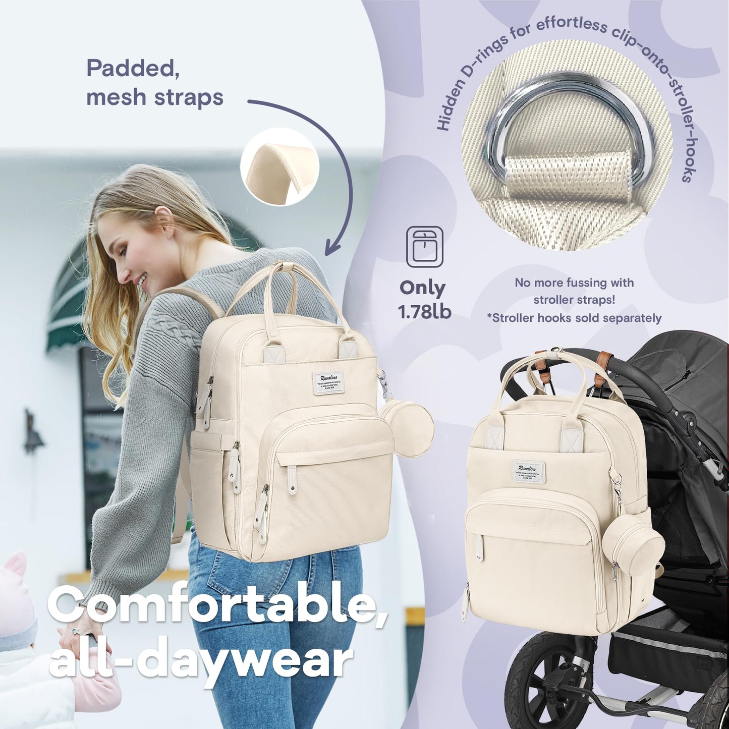 Ruvalino Diaper Bag Backpack, Multifunction Travel Pack Maternity Baby Changing Bags, Large Capacity, Waterproof, Beige