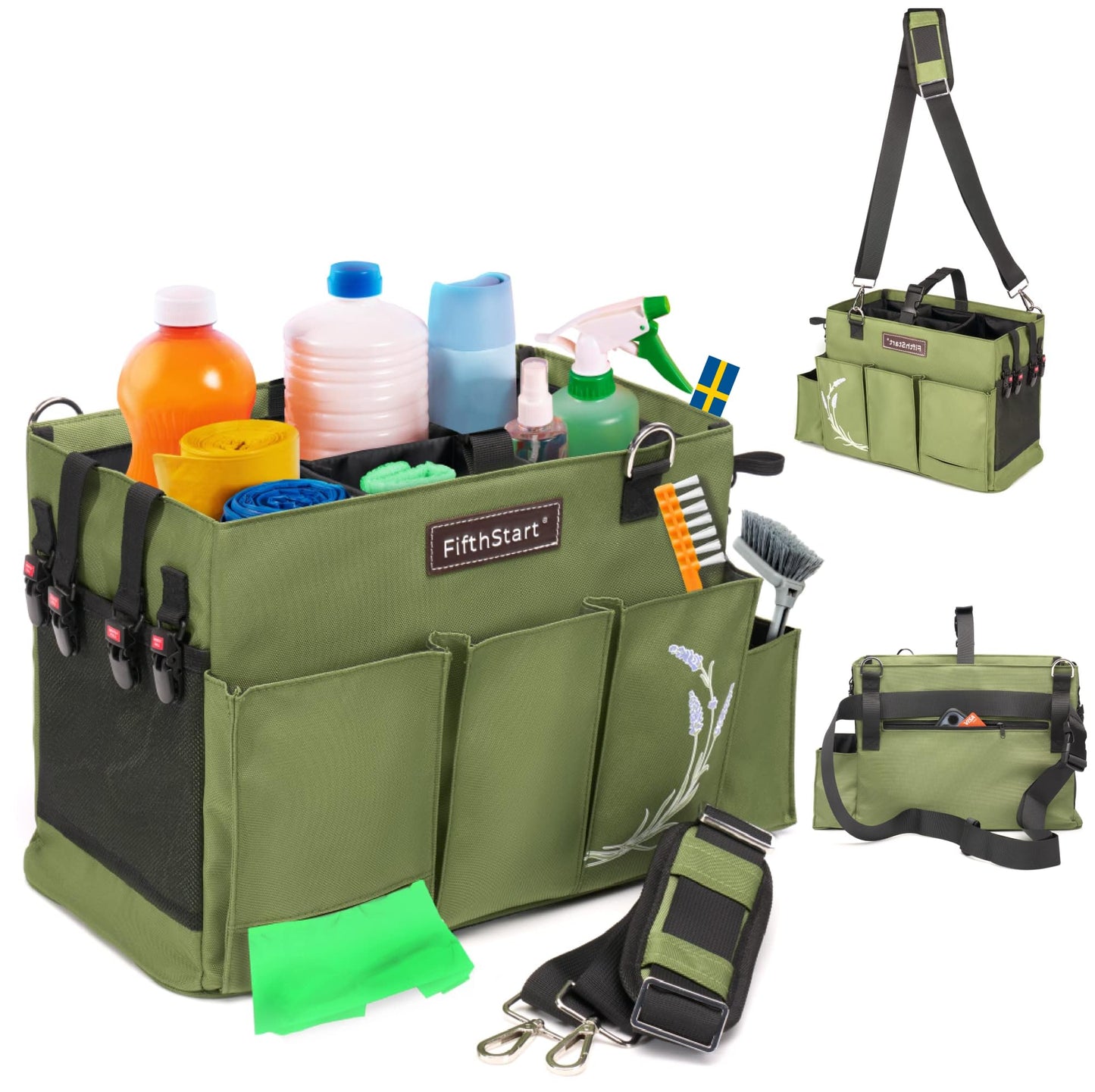 FifthStart Wearable Cleaning Caddy For Cleaning Supplies with Shoulder Strap, Removable Waist Strap, and Handle (Green, Small)
