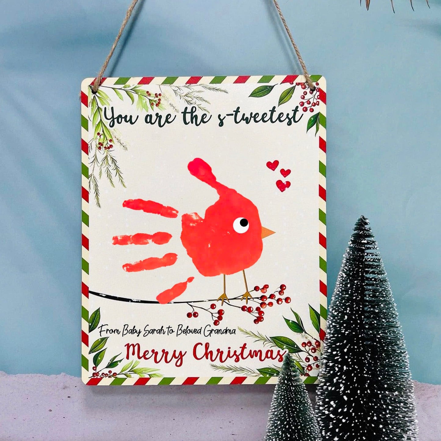 You are The S-Tweetest Baby Handprint Bird Art Craft Babys First Christmas Footprint DIY Wooden Hanging Sign Bluebird Cardinal
