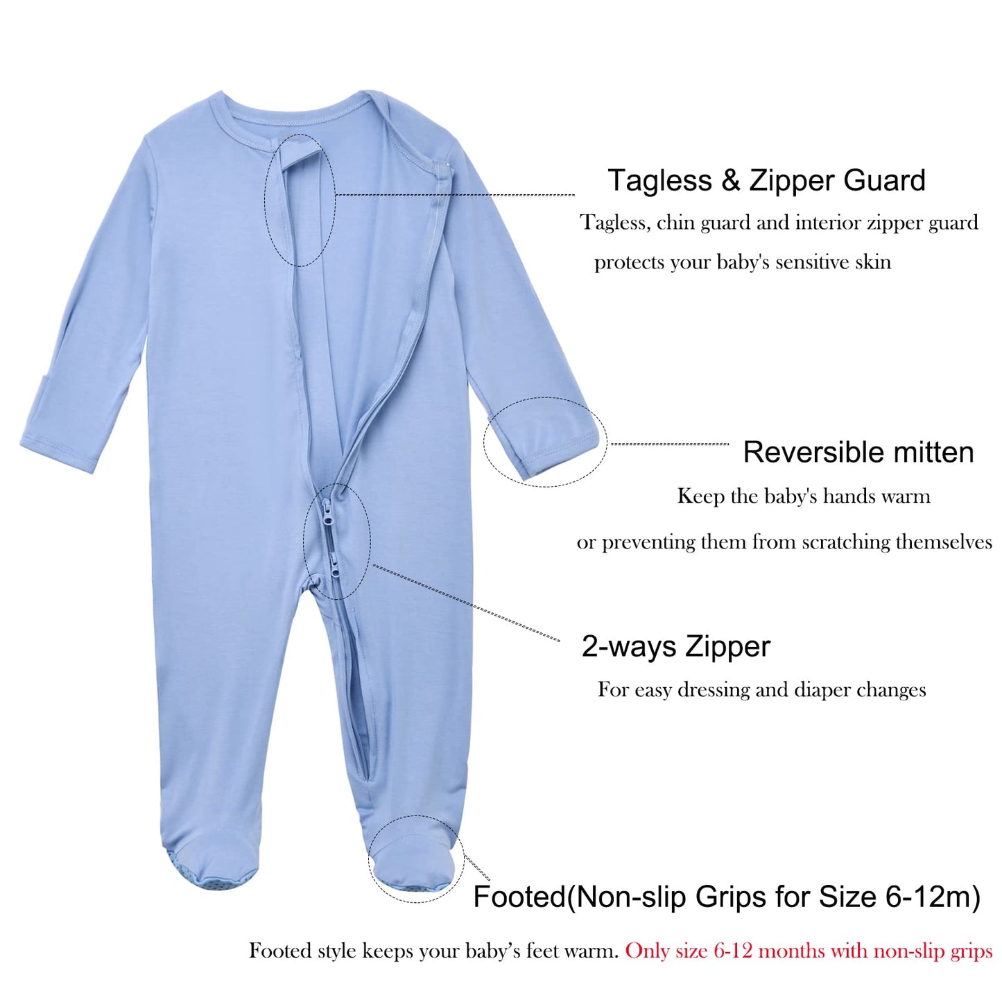 Aablexema Baby Footie Pajamas Zipper - Rayon From Bamboo Infant Footed Pjs With Mittens Sleepwear Jammies(White & Blue,6-12M)