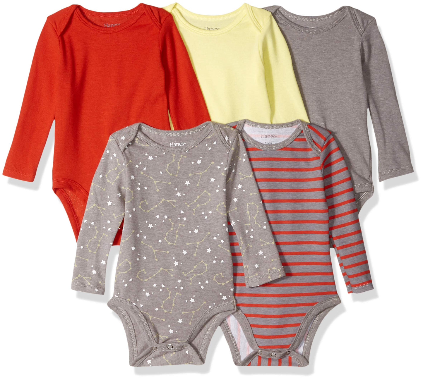 Hanes Baby Long Sleeve, Ultimate Flexy Bodysuits Boys & Girls, 5-Pack, Yellow/Reds, 12-18 Months