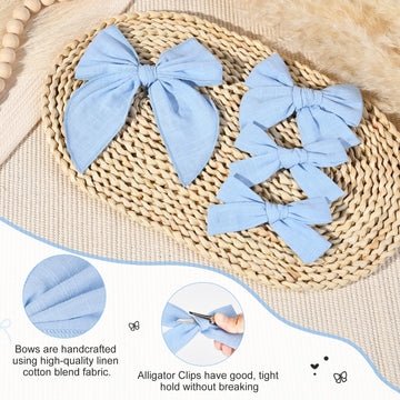 Deeka 4 Pcs Blue Cotton Linen Hair Bows 3 Styles 5' & 4' Handmade Hair Bow Set For Toddler Girls Alligator Hair Clips Knot Bow