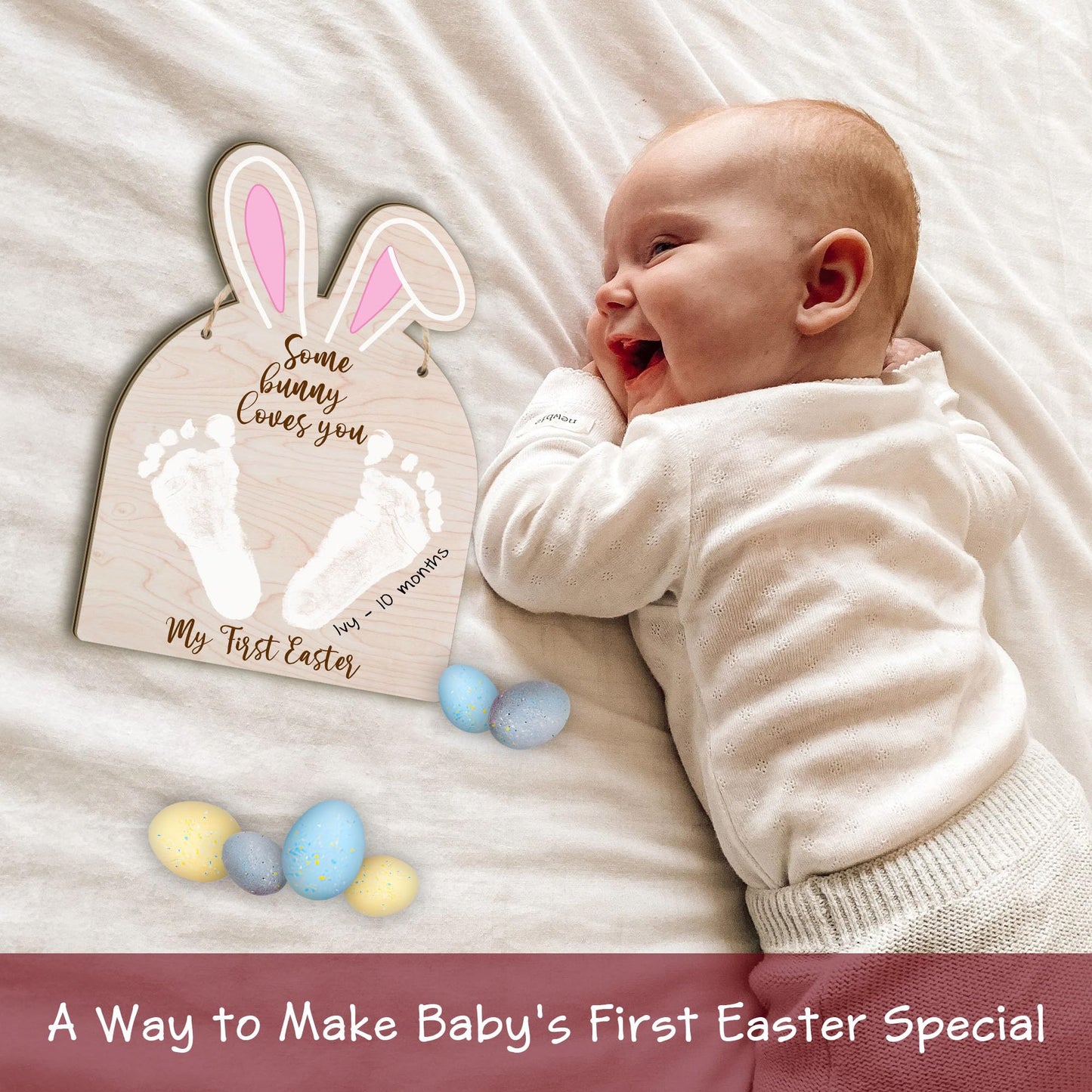 Baby'S First Easter Bunny Footprint Diy Wooden Hanging Sign, Baby'S 1St Easter Art Craft Gifts, My First Holiday Milestone Sign,