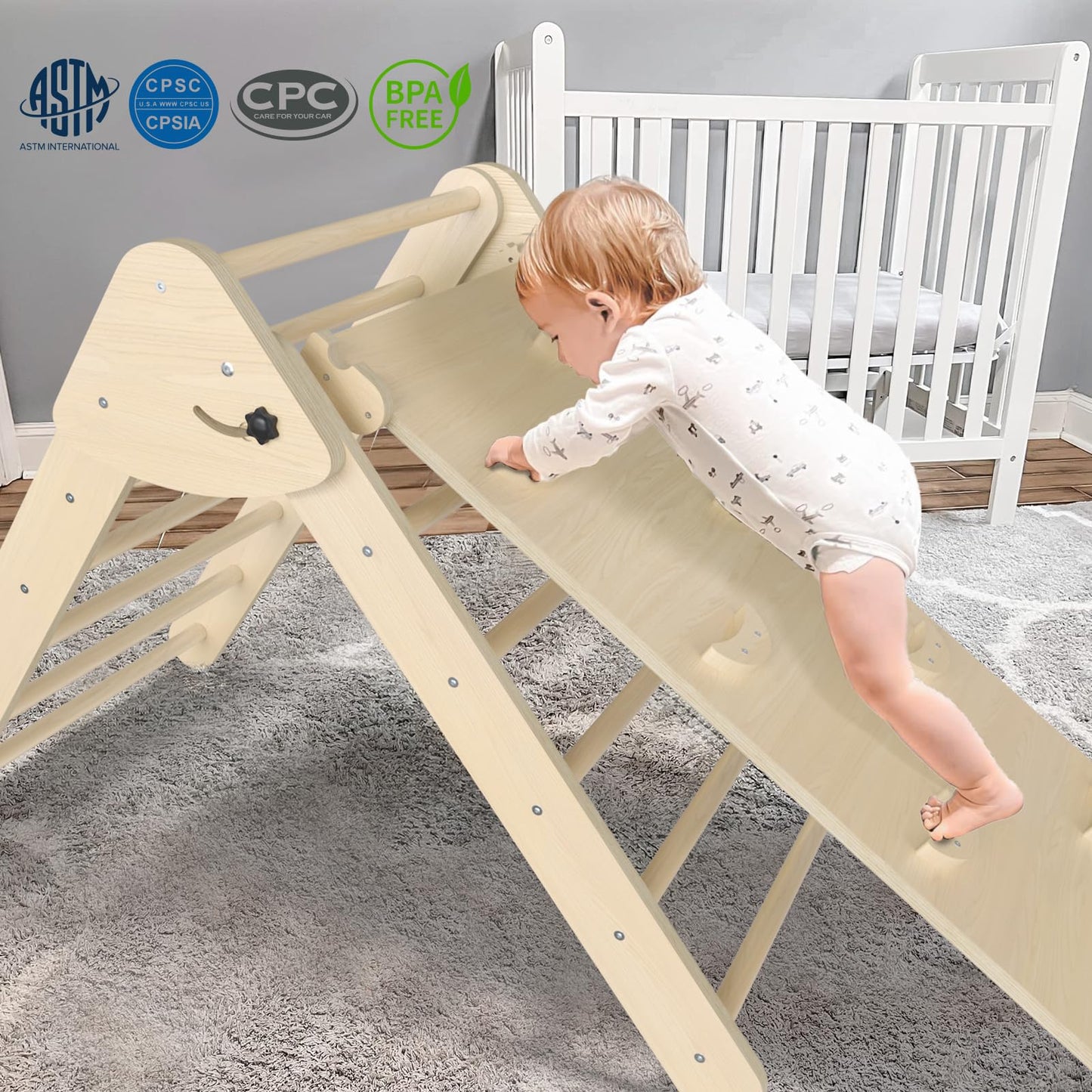 Cmfydaily 7 In 1 Montessori Pikler Triangle Set, Foldable Wooden Pickler-3 Piece Baby Climbing Gym Toddler Climbing Toys Indoor