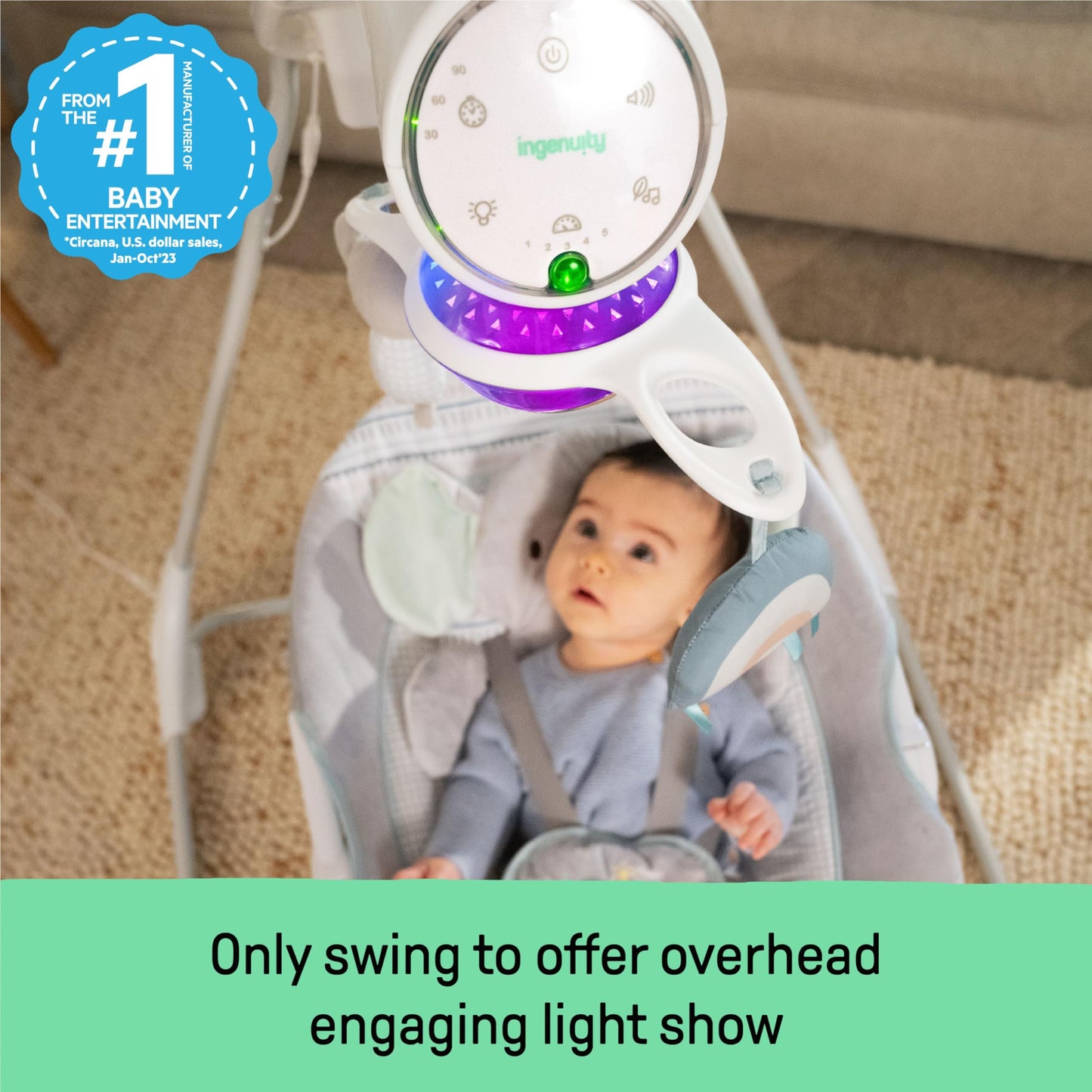 Ingenuity Inlighten 5-Speed Baby Swing - Swivel Infant Seat, 5 Point Safety Harness, Nature Sounds, Lights - Van Elephant