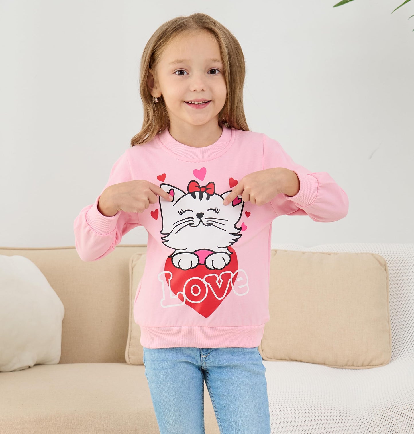 Akyzic Cat Sweatshirt For Girls Long Sleeve Crewneck Heart Print Shirt Toddler Valentines Day Outfit Love Tops Kids Heart Sweate