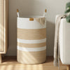 Nunsino 75L Striped Laundry Hamper with Leather Handles,Large Foldable Laundry Basket for Clothes,Cotton Rope Storage Bin for Bl