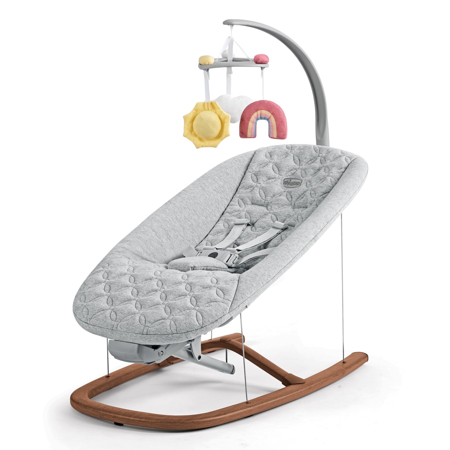 Chicco Float Baby Bouncer Seat, Quilted Organic Cotton Seat Pad, Included Bar With Plush | Cloud/Grey