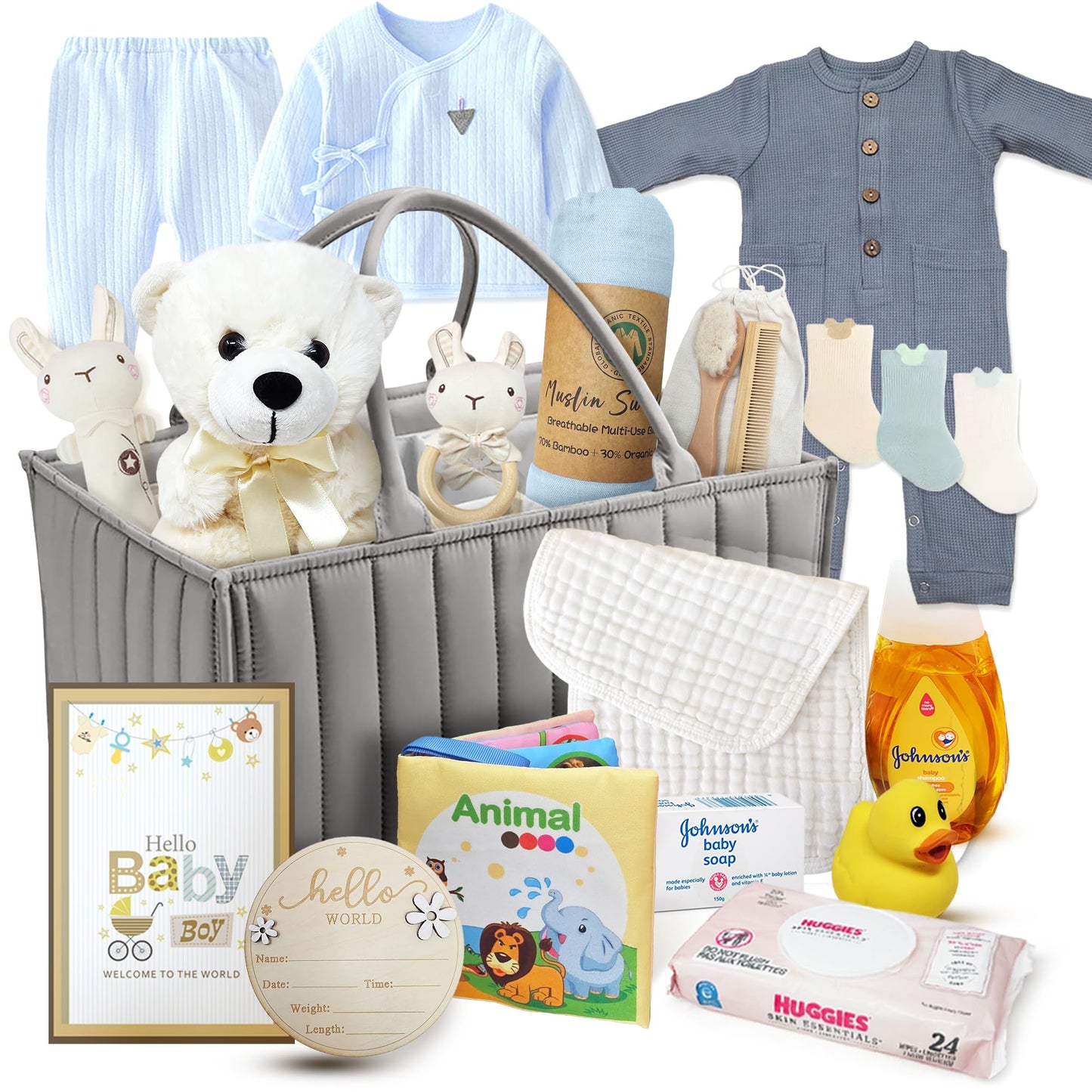 New Baby Boy Gift Basket | Unique Gift Set in a foldable diaper bag for a New MOM Light Blue Gift Set. Welcome Baby Care Package