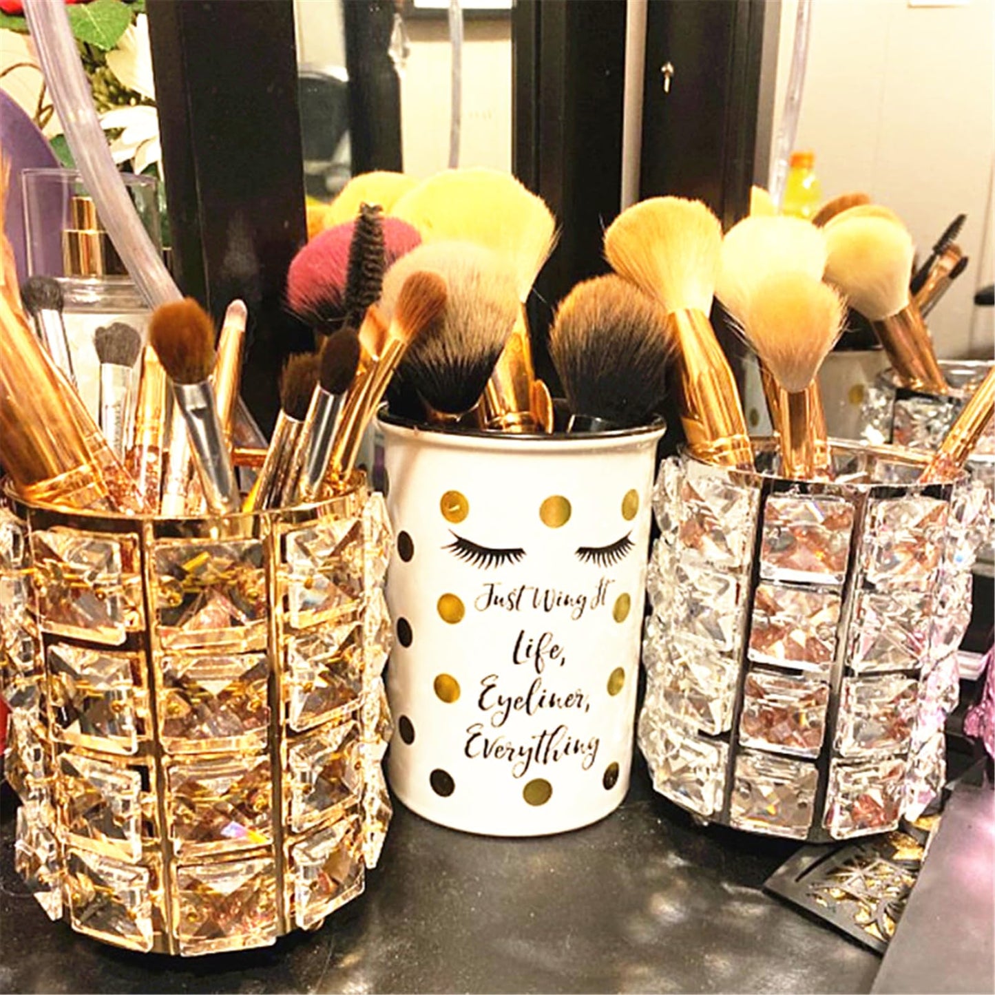 Lugunu Makeup Brush Holder Organizer Crystal Vanity Decor Bling Personalized Comb Brushes Pen Storage Box Container (Crystal Pot
