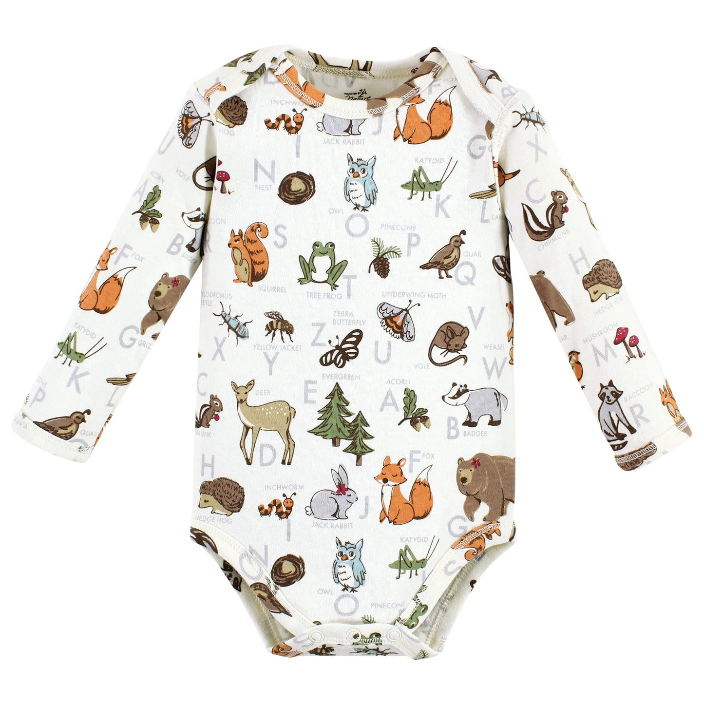 Touched By Nature Unisex Baby Organic Cotton Long-Sleeve Bodysuits, Girl Woodland Alphabet, 6-9 Months