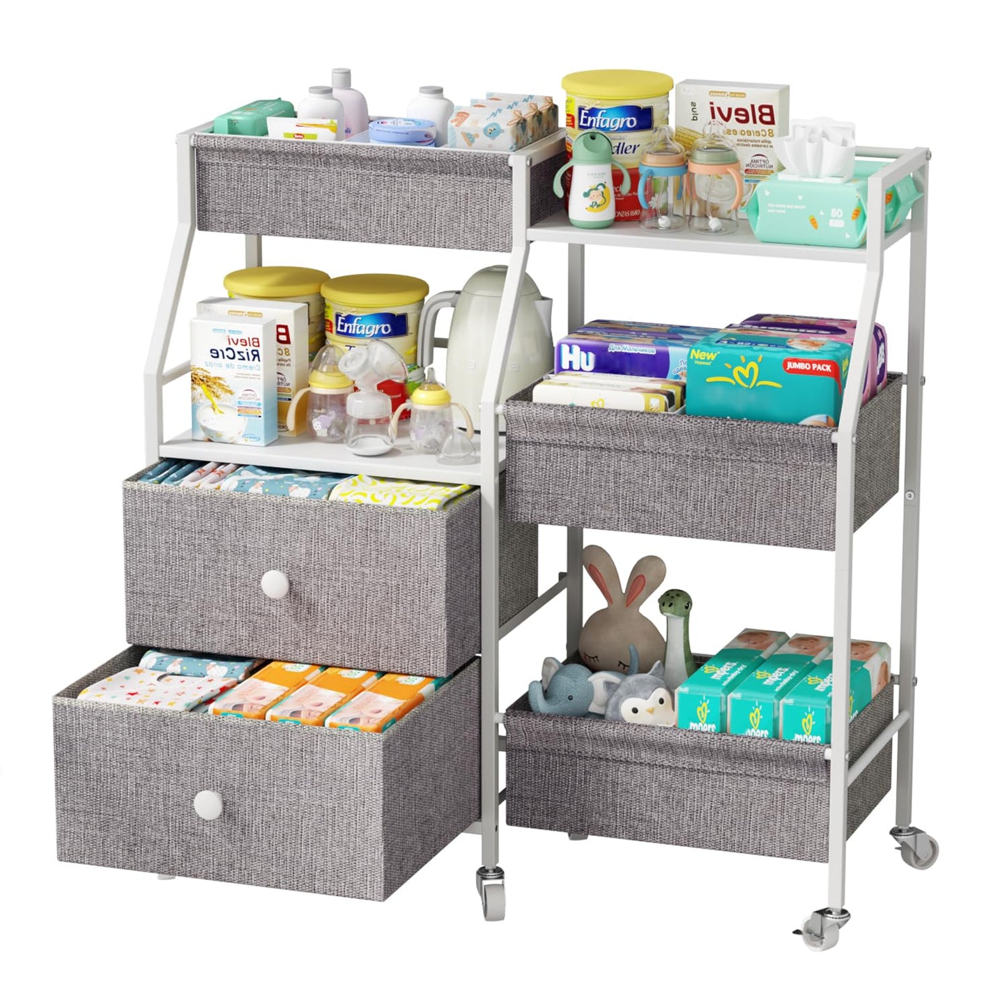 DTK Baby Diaper Caddy Organizer, 3 Tier Rolling Diaper Cart with Dividers and Drawers, Mobile Utility Baby Storage Cart with Whe