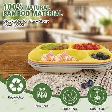 Shopwithgreen Bamboo Divided Plates For Kids Adults - Dinnerware Set For Toddlers Kids Children Baby, Toddler Dinner Plates, Bpa