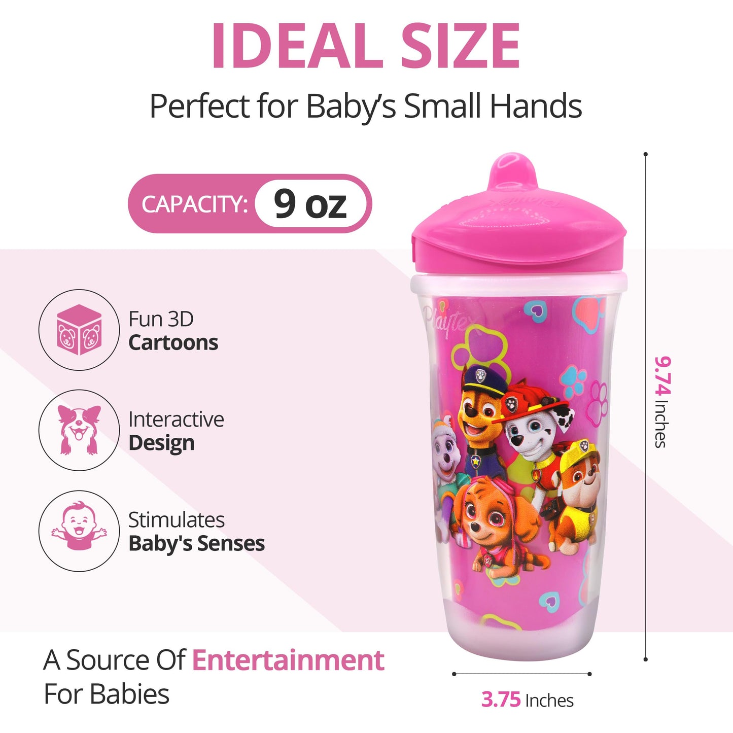 Playtex Baby Sipsters Stage 3 Paw Patrol Sippy Cups, Spill-Proof, Leak-Proof, Insulated - Pink, 9 Oz, 2 Count