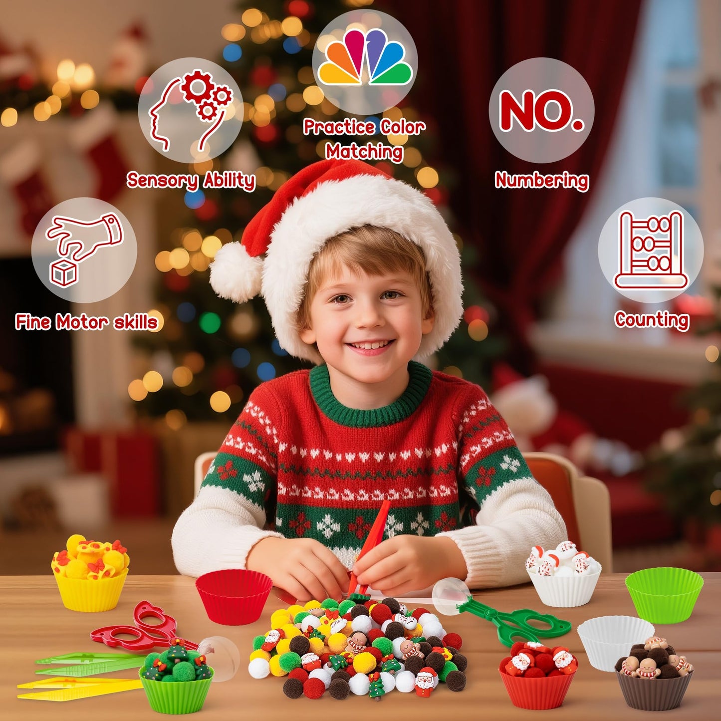 FFyhiinski Christmas Sensory Bin Fillers - 266Pcs Christmas Winter Fine Motor Toys Counting Sorting Toys for Kids, Plastic Bead