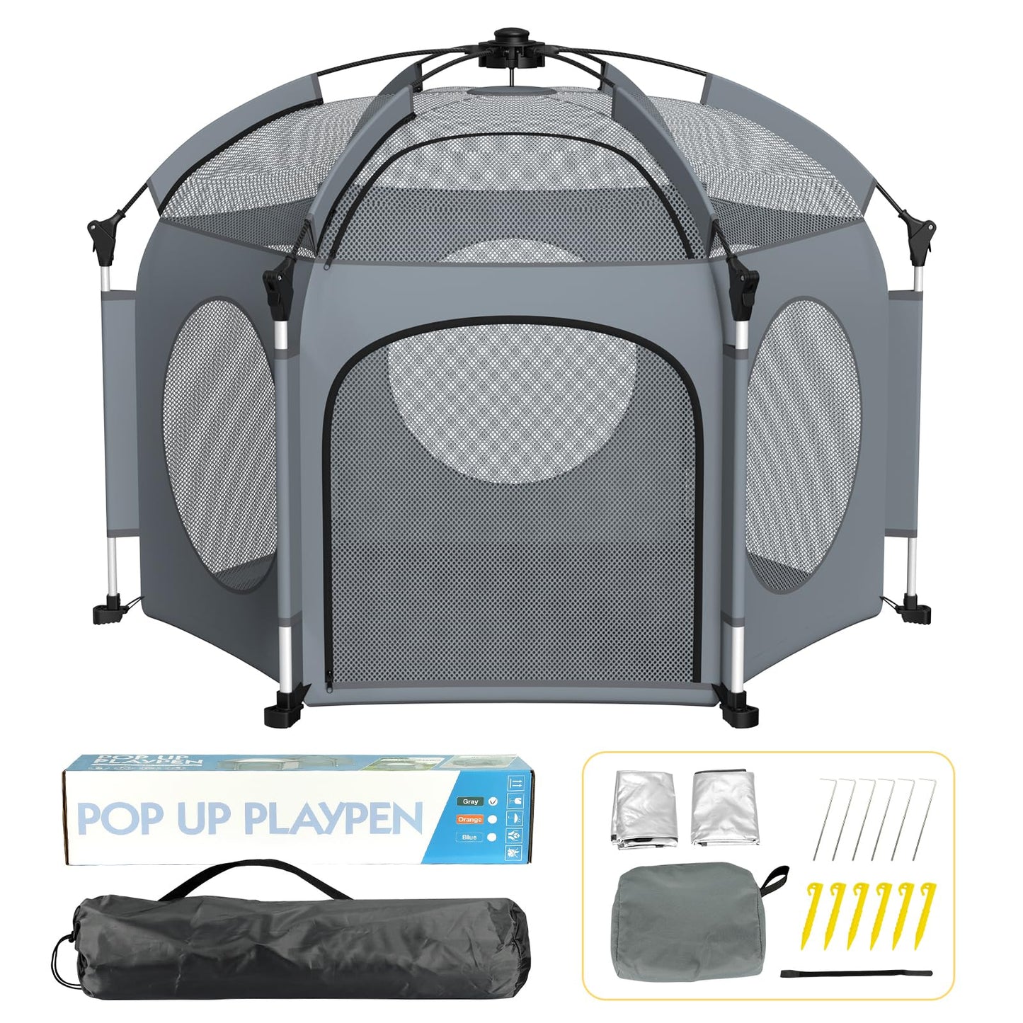 PRObebi Portable Pop Up Playpen for Babies and Toddlers - Grey Lightweight Outdoor Play Yard with Three Sun-Shade - Beach and In