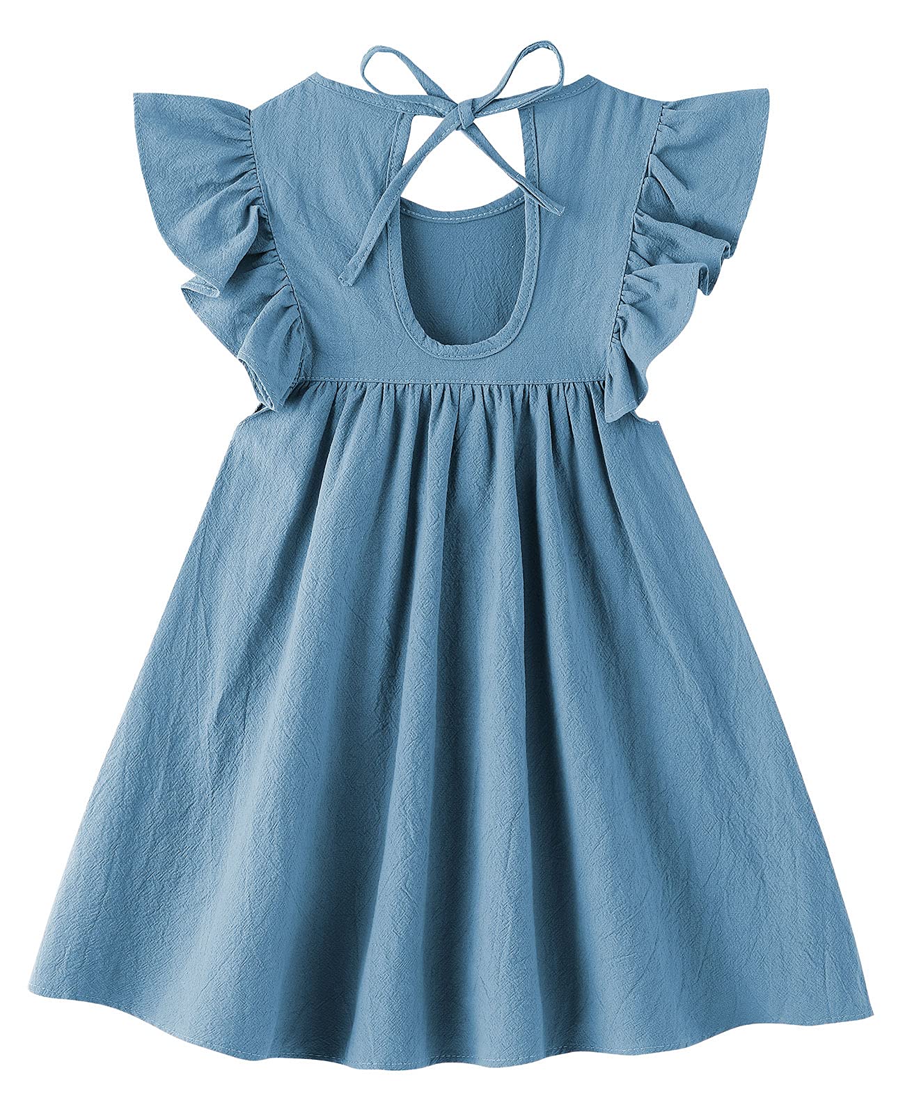 Lyxiof Toddler Baby Girl Cotton Linen Dress Ruffle Sleeve Halter Sleeveless Kids Casual Beach Dresses Blue 130Cm