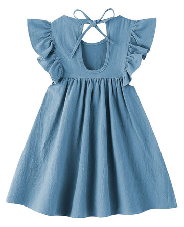 Lyxiof Toddler Baby Girl Cotton Linen Dress Ruffle Sleeve Halter Sleeveless Kids Casual Beach Dresses Blue 130Cm