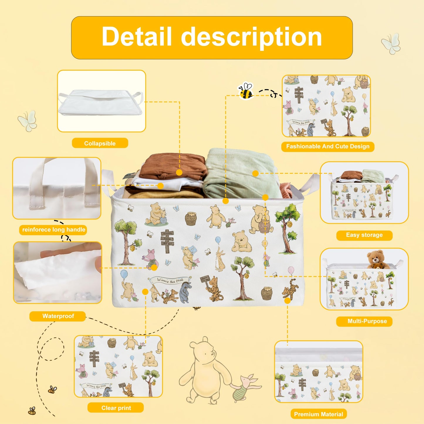 Zsatuiy Winnie Storage Nursery Basket,Large Squarecanvas Laundry Hamper Withwinnie Baby Stuff A Waterproof Pecoating, Foldable,