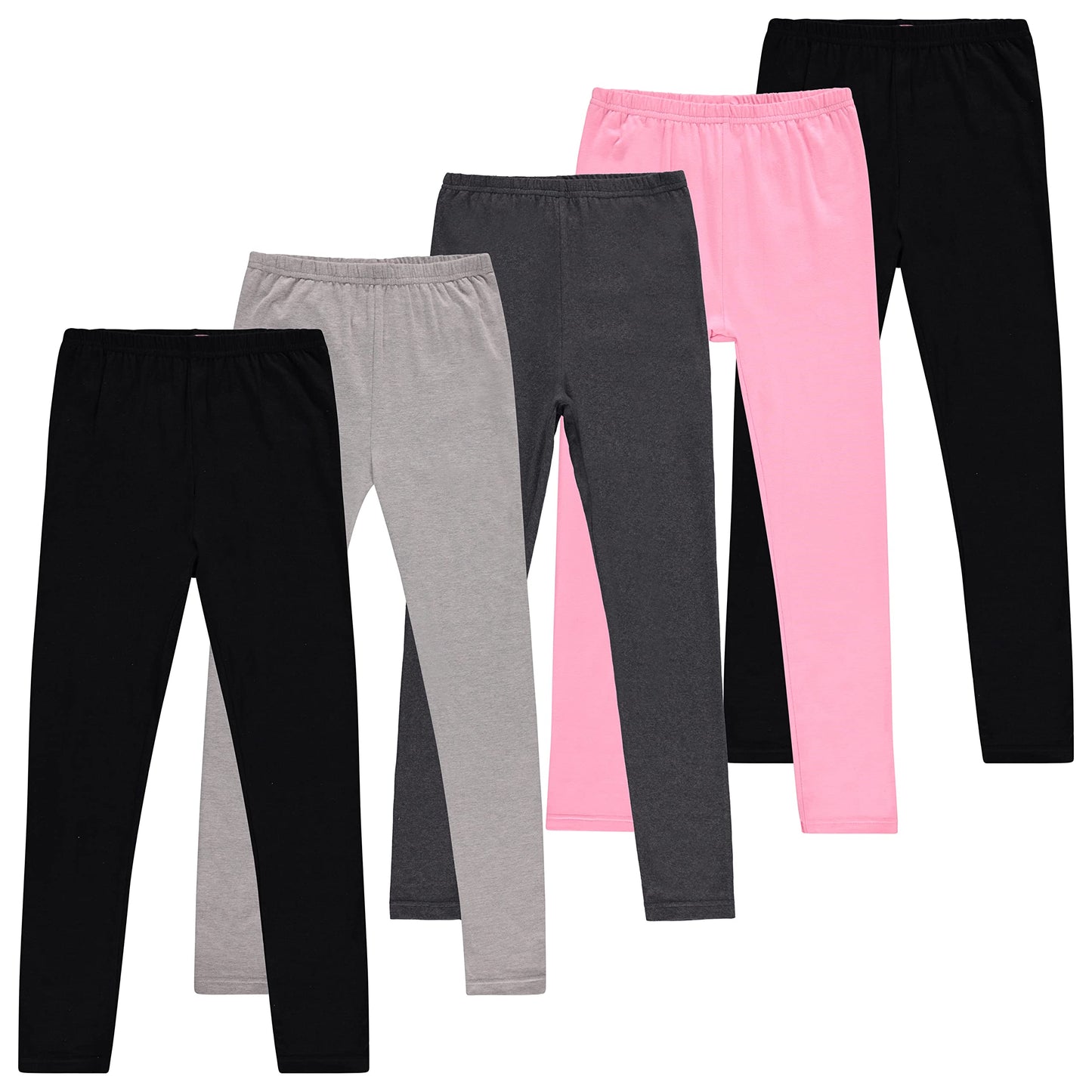 Toddler and Big Girls Leggings, Black Cotton Spandex Stretch Pants Kids Dance Clothing, Yoga and Ballet Tights, 5Pack, Multi