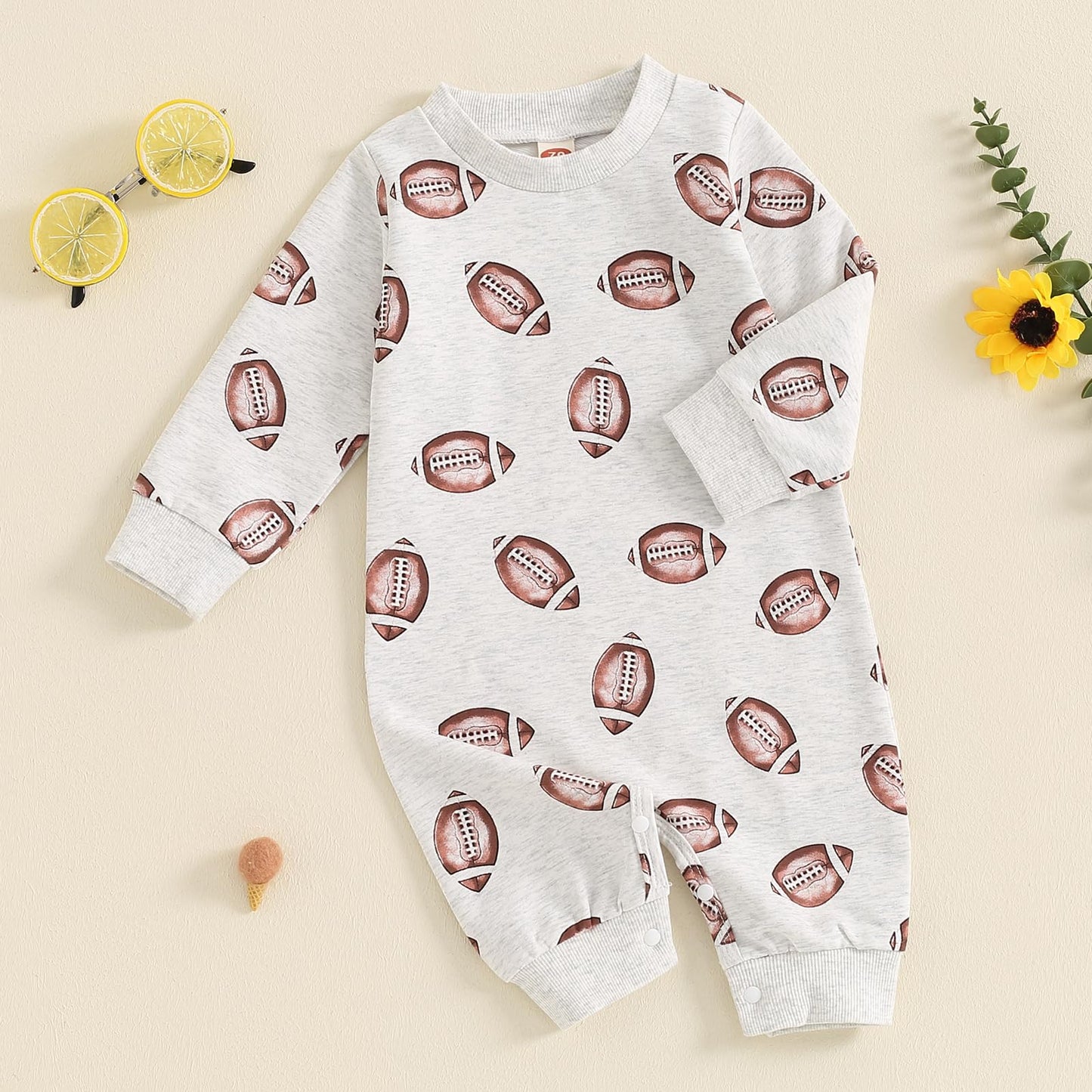 Fybitbo Infant Baby Boy Girl Clothing Football Long Sleeve Jumpsuit Romper Newborn Football Outfit Fall Clothes (Gray-Football O