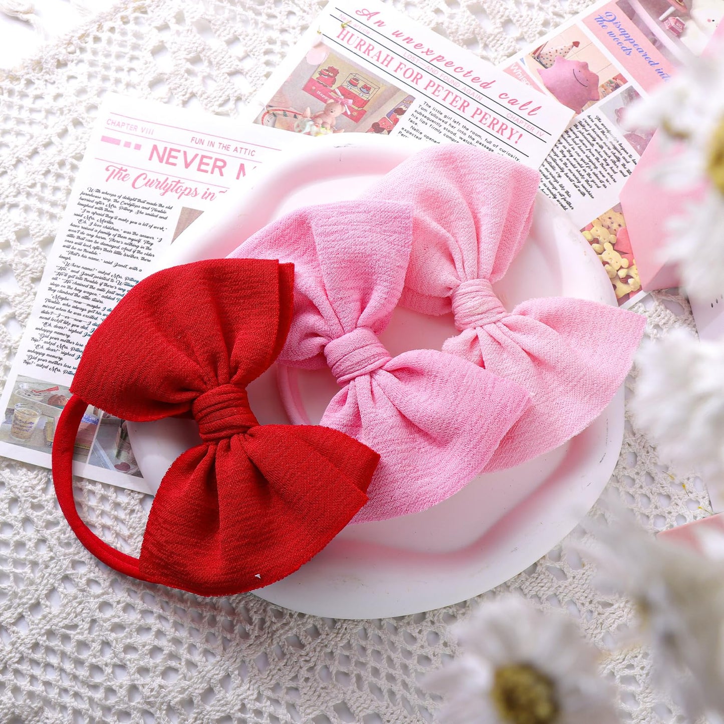 Yanjie Valentines Bows For Girls - Red And Pink Headband Bows - Newborn Valentines Day Hair Accessories - 3 Pack - Soft Nylon Ba