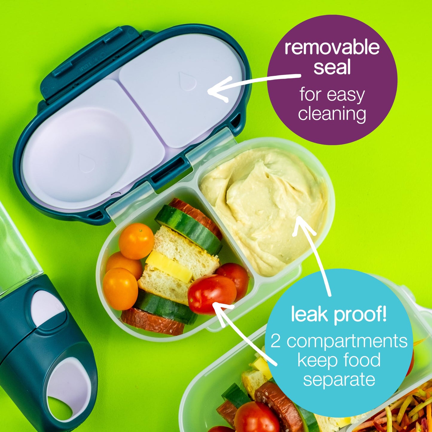 B.Box Snack Box (2-Pack) For Kids & Toddlers: 2 Compartment Snack Containers, Mini Bento Box, Lunch Box. Leak Proof, Bpa Free, D