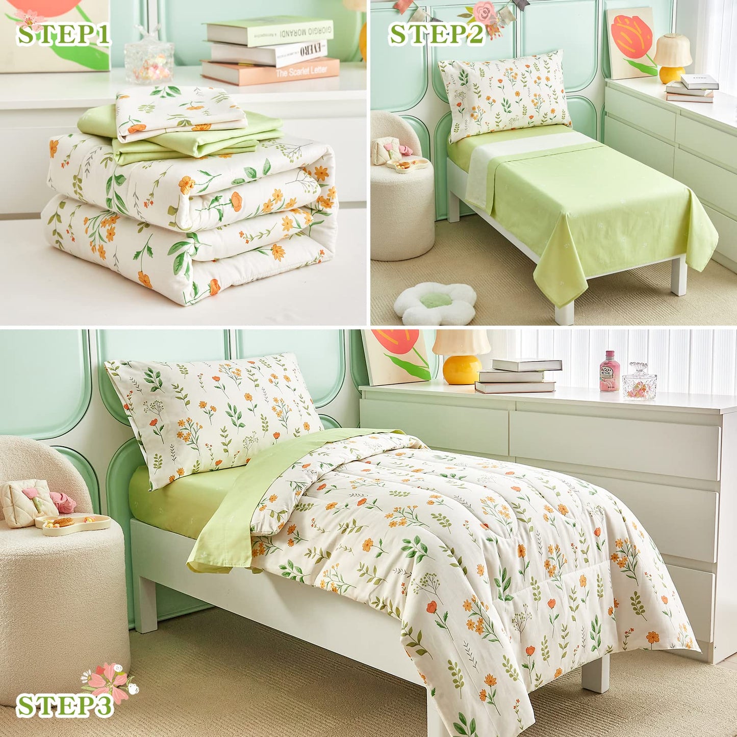 Joyreap 4 Piece Cotton Toddler Bedding Set For Girls, Yellow Flowers Green Leaves On White, Soft Breathable Toddler Comforter Se